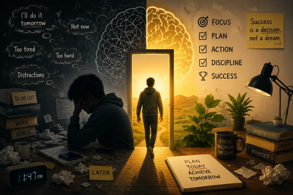 A split illustration showing a person trapped in procrastination on one side and transforming into a focused, disciplined mindset on the other, symbolizing that procrastination is a mental state that can be changed.