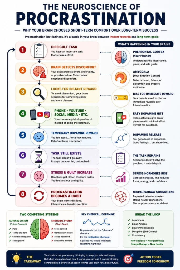 The Neuroscience of Procrastination Infographic explaining the neuroscience of procrastination, showing how the brain responds to difficult tasks through dopamine, emotional discomfort, instant rewards, stress, and habit formation.