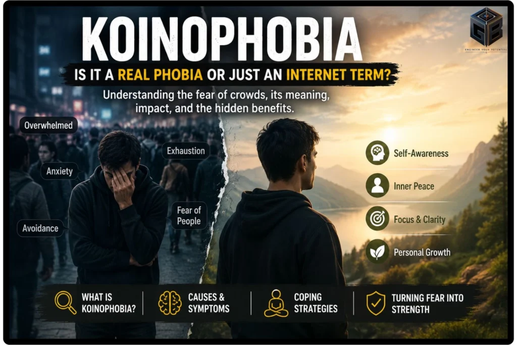Conceptual illustration of koinophobia showing a person overwhelmed in a crowd contrasted with a calm individual, representing the difference between social discomfort and inner peace.