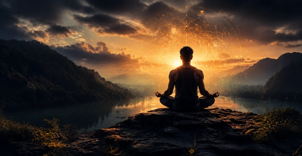 A person meditating on a rocky cliff overlooking a serene mountain lake at sunrise with a glowing mandala symbolizing inner peace, mental resilience, spiritual awakening, and self-mastery.