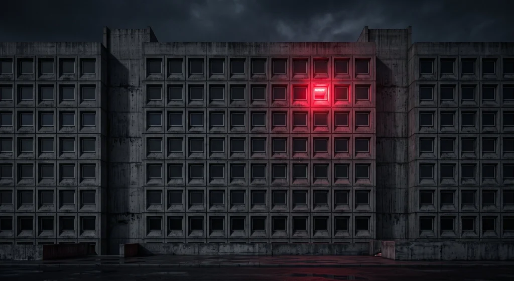 A low-angle, straight-on photograph of a massive, monolithic Brutalist concrete building at night. Its facade is a dense, repeating grid of hundreds of identical, dark square windows. Under a heavy, dark overcast sky, the entire building is dark except for a single window block on an upper floor, which is intensely lit from within by a brilliant red light, standing out dramatically against the uniform grey concrete. The ground in the foreground is wet concrete.