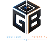 Premium GB monogram logo for Gaurav Bhandral featuring a geometric cube-inspired design with matte black metallic surfaces, neon blue and deep orange accents, and the tagline "Engineer Your Potential."